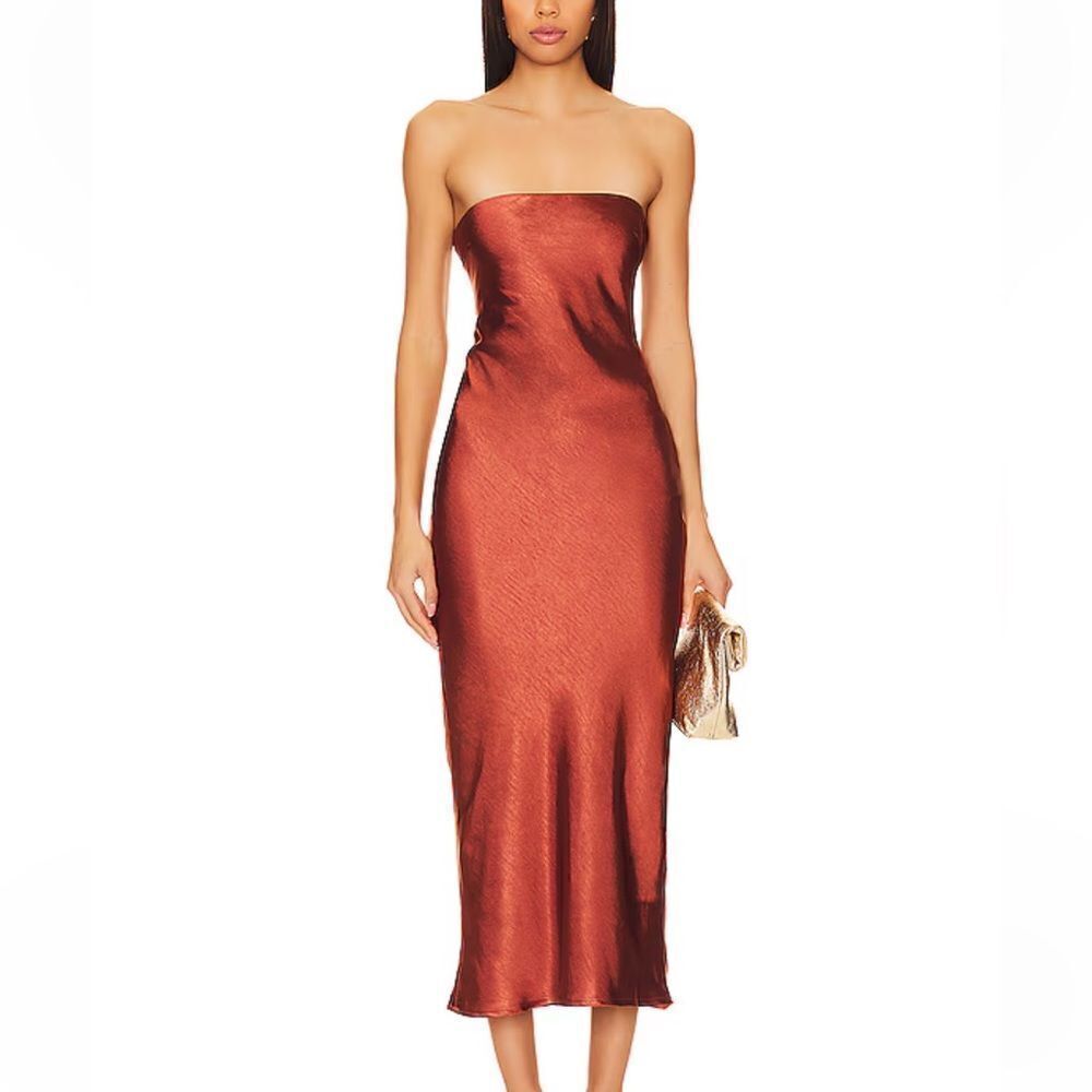 NWT More To Come Emma Strapless Maxi Dress Chocolate satin strapless Revolve M